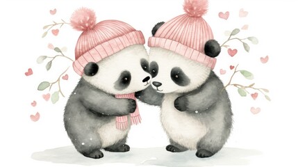 Sticker -  a couple of panda bears standing next to each other with a pink hat on top of each of their heads.