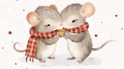 Poster -  a couple of mice standing next to each other on top of a snow covered ground with a scarf around their necks.