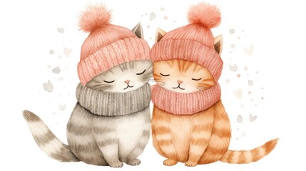 Poster -  a watercolor painting of two cats wearing winter hats and scarves, one with its eyes closed and the other with its eyes closed.