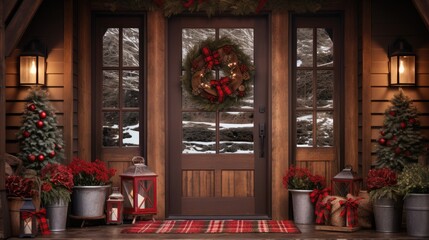 Canvas Print -  a front door decorated for christmas with a wreath and wreath on the front of the door and christmas decorations on the side of the door.