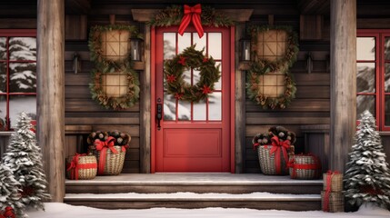 Wall Mural -  a red front door with christmas wreaths and presents on the steps and a red door with a wreath on it.