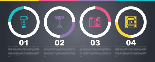 Poster - Set line Photo camera flash, Studio light bulb in softbox, and Camera film roll cartridge. Business infographic template. Vector