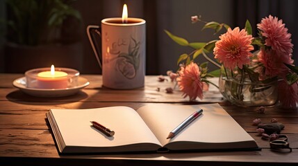 Sticker -  an open book on a table next to a cup of coffee and a candle with a flower arrangement in front of it.