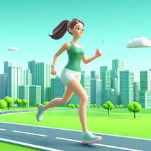Young Girls Running A Marathon On The Road In Downtown 3d Character. Ai Generative