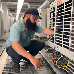 Poster - Handsome technician repairing a server in a datacenter.