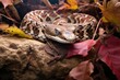 A venomous viper camouflaged among rocks and leaves