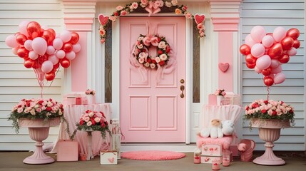 Sticker -  a bunch of balloons that are in front of a pink door and a pink chair with a teddy bear on it.