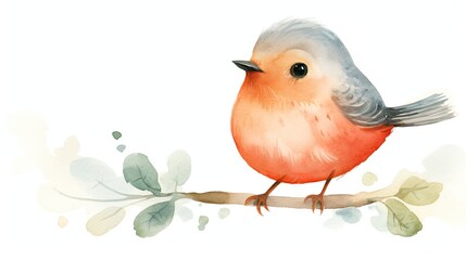 Poster -  a watercolor painting of a small bird sitting on a branch with leaves on it's back and a white background.