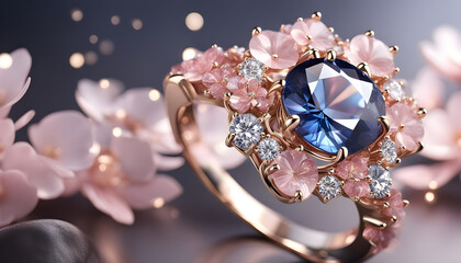 A jewelry design themed ring with gemstones and diamonds in a luxury closeup style