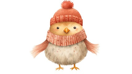 Poster -  a watercolor drawing of a bird wearing a knitted hat with a pom pom on it's head.