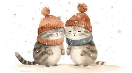 Poster -  a couple of cats sitting next to each other wearing knitted hats and scarves on top of snow covered ground.