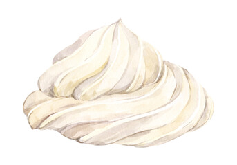 Whirlpool of whipped cream on a transparent background. Watercolor realistic illustration of white meringue. Vanilla ice cream for decorating the cake.