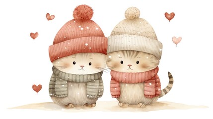 Poster -  a couple of cats standing next to each other wearing knitted hats and scarves with hearts in the background.