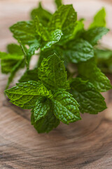 Wall Mural - Fresh mint leaves on a wooden board. A sprig of mint. Herbal mint tea. Green color in food. Natural flavoring. Soothing drink. Ingredient for cocktails. Products for mojito. Organic food.