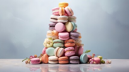 Poster -  a stack of macaroons sitting on top of a table next to other macaroons on top of each other.