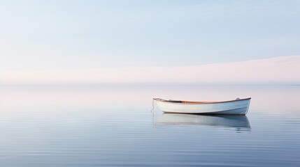 Wall Mural -  a small white boat floating on top of a large body of water with a blue sky in the back ground.