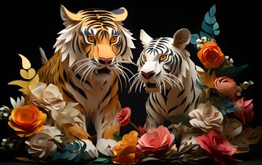 Abstract tiger head isolated on color modern background. Creative 3d concept in craft paper cut style. Colorful minimal design character. Flowers tropical bright colors, Asian culture