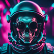 a close up of a skull in a space suit wondering in the galaxy