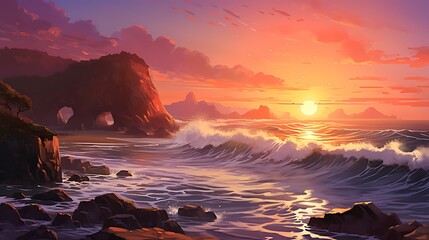 Wall Mural - A dramatic coastal cliff scene at sunset, with waves crashing against rugged rocks, and the sky painted in hues of orange, pink, and purple