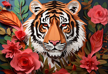 Abstract Tiger Head Isolated On Color Modern Background. Creative 3d Concept In Craft Paper Cut Style. Colorful Minimal Design Character. Flowers Tropical Bright Colors, Asian Culture