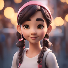 Poster - Cute little girl with pigtails on the street. 3d rendering