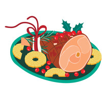 Christmas Leg Ham With Pineapples And Cranberries.Winter Holiday Meal On Festive Dish, Decorated With Pieces Of Fruit And Sprigs Of Rosemary.Roasted Pork For Xmas Party.Vector Illustration  On White.
