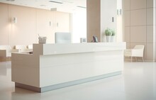 White Reception Desk In A Clinic With Light Colorful Walls Soft Light For Healthcare Medical Card Design