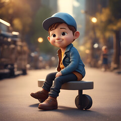 Canvas Print - 3d rendering of a cute little boy sitting on a skateboard