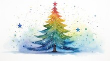  A Watercolor Painting Of A Christmas Tree With Stars On The Top And Bottom Of The Tree, On A White Background.