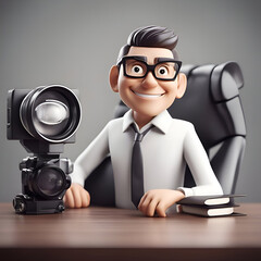 Poster - 3D illustration of a young businessman sitting at his desk and holding a camera