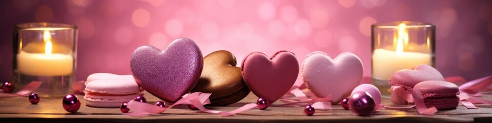 Wall Mural - A romantic background - Valentine's Day macarons and candles. Generative AI.