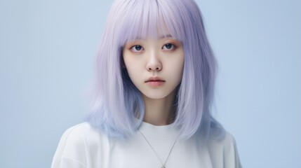 Wall Mural - A woman with purple hair wearing a white shirt. Generative AI.