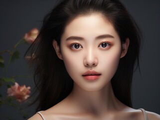 A young woman with long brown hair and a white top. Generative AI.