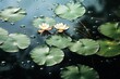 Dew-speckled lotus leaves floating in a serene pond