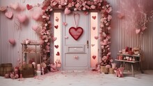  A Valentine's Day Backdrop With A Heart Shaped Door And Pink Flowers And Hearts Hanging From The Side Of The Door.