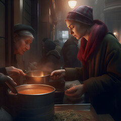 Poster - Mature woman cooking soup in a pot on the street at night