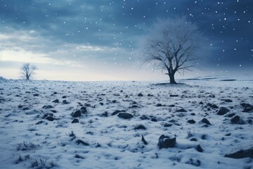 Poster - A lone tree stands alone in a snowy field. Generative AI.