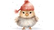  a watercolor painting of a small bird wearing a red knitted hat with a pom pom on it's head.