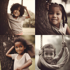 Wall Mural - Collage of cute little African American girl and boy playing in the park