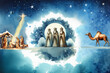 Peinture aquarelle, arrivée des 3 rois mages dans l'étable de Bethléem, pour la naissance de Jésus, en suivant l'étoile du Berger, un dromadaire ferme la marche. Background bleu avec espace texte.