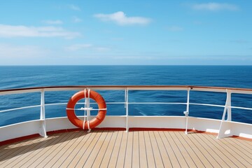 Luxury cruise ship deck view with red lifebuoy on fense in sea. Vacation travel concept.