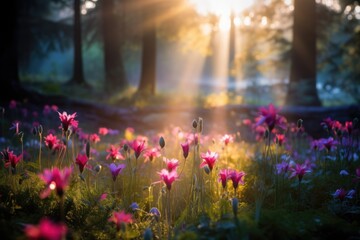 Wall Mural - Wild flower field in foggy forest at sunrise with variable colors in Spring. Spring seasonal concept.