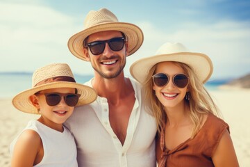 Portrait of a happy family with beach hat at sand beach. Summer tropical vacation concept.