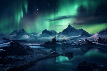 Wall Mural - overtaking northern lights shining green over the coast of iceland