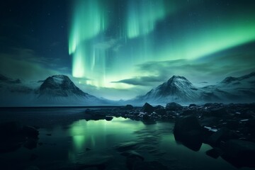 Wall Mural - overtaking northern lights shining green over the coast of iceland