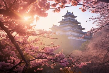 Wall Mural - Traditional Japanese style temple building in pink cherry blossom woods in Spring. Spring seasonal concept.