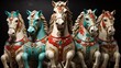 Circus carousel horses radiate in playful turquoise candy apple red and creamy white 