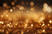 Golden Christmas Particles And Sprinkles For A Holiday Celebration Like Christmas Or New Year. Shiny Golden Lights. Wallpaper Background For Ads Or Gifts Wrap And Web Design