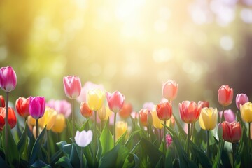 Wall Mural - Beautiful tulip at sunrise with variable colors in field in Spring. Blurred bokeh background for text. Spring seasonal concept.