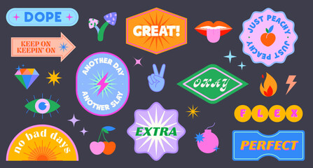 Wall Mural - Vector set of cute funny patches and stickers in 90s style.Modern icons and symbols in y2k aesthetic with text.Trendy colorful emblems for banners,social media marketing,branding,packaging,covers